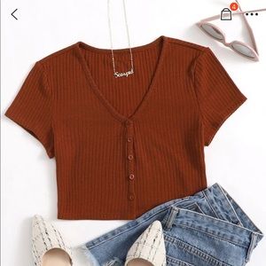 Buttoned Front Rib-Knit Tee